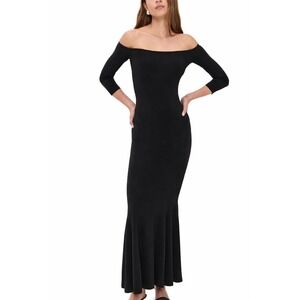 NWT Norma Kamali Off Shoulder Fishtail Gown Black Belted Maxi Dress